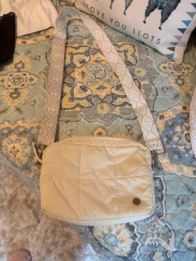Light Beige Quilted Crossbody Bag with Patterned Strap